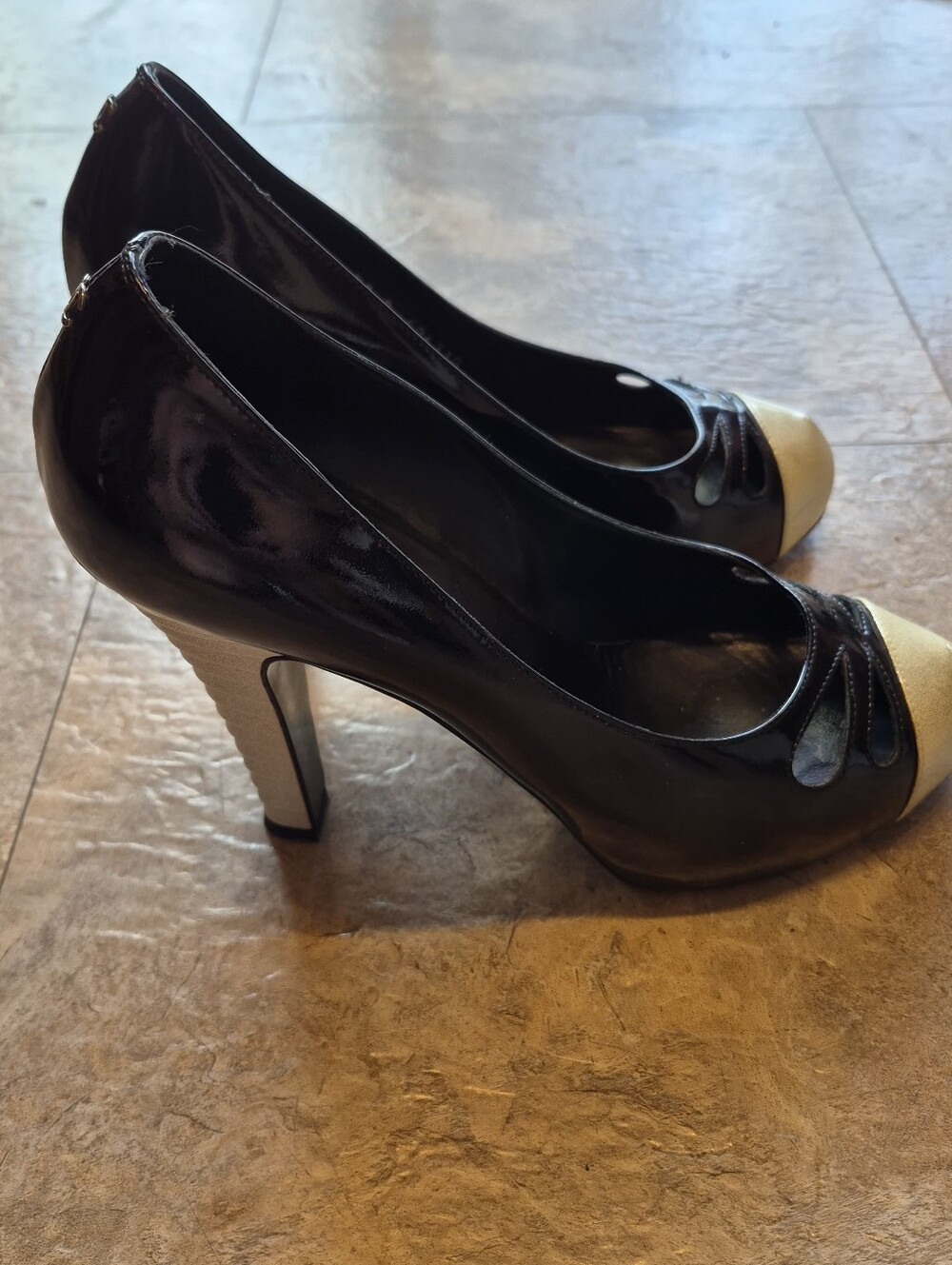 CHANEL Black Patent Pumps with Gold Cap Toe - Picture 4 of 10